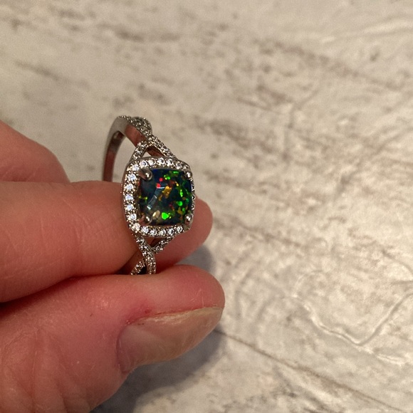 Square Lab Created Midnight Fire Opal & Faux Diamond Ring Silver Tone Band - Picture 6 of 6